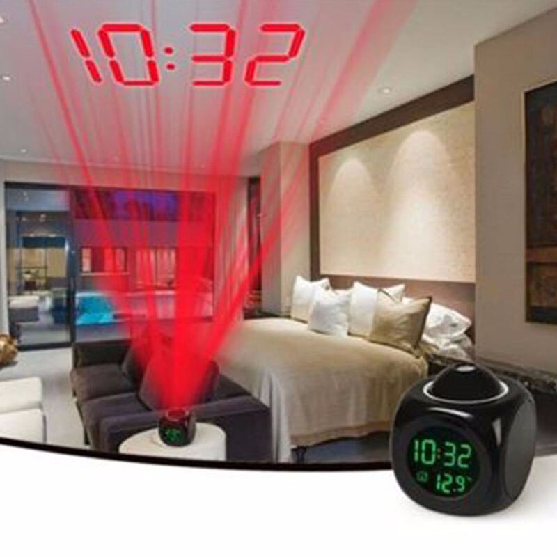 LCD Projection LED Display Time Digital Alarm Clock Talking Voice Prompt Thermometer Snooze Function Desk Night Light Clock
