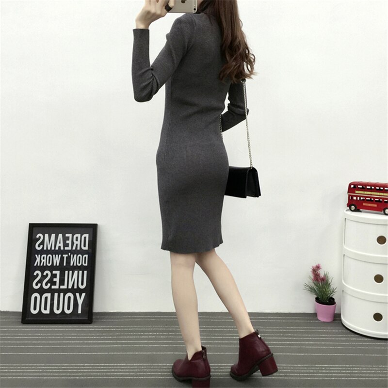 Herfst Winter Vrouwen Gebreide Lange Mouwen Split Coltrui Jurken Slim Bodycon Schede Gebreide Jurk Vestidos SF859