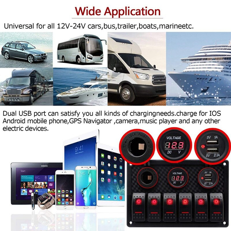6 Gang Waterproof Marine Boat Rocker Switch Panel with LED Backlight for Car SUV Marine RV Truck Camper Boat: Red LED