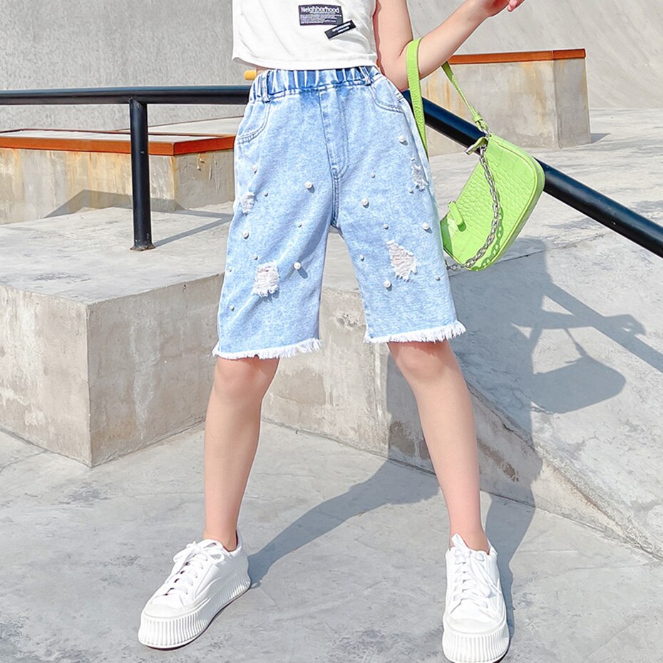 Summer Jeans Girl Pearls Girl Short Jeans Big Hole Trousers For Children Casual Style Children's Jeans Clothes