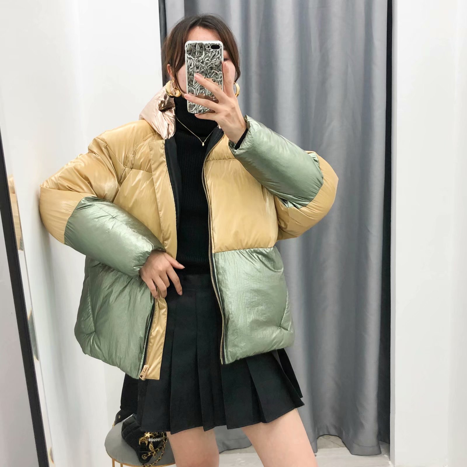 Reflektierende Farbe block jacke frauen oberbekleidung koreanische mäntel und jacken frauen winter gold pailletten jacke silber damen streetwear
