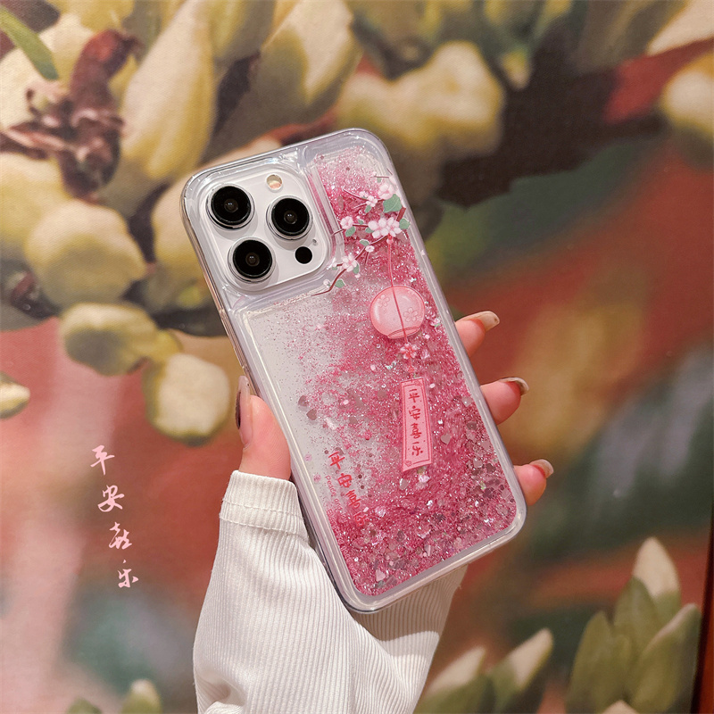Ferskenblomst glitter kvikksanddeksel til iphone 16 15 14 13 pro max 16 pro mykt beskyttende dynamisk flytende mobiltelefondeksel
