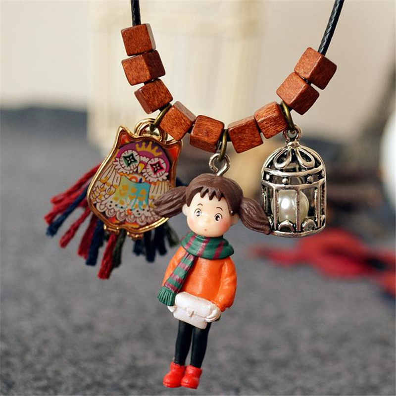 8SEASONS Wood Handmade Square Beads Necklace Girl Owl Birdcage Vintage Long Sweater Necklace Jewelry 100*2.2cm, 1 Piece