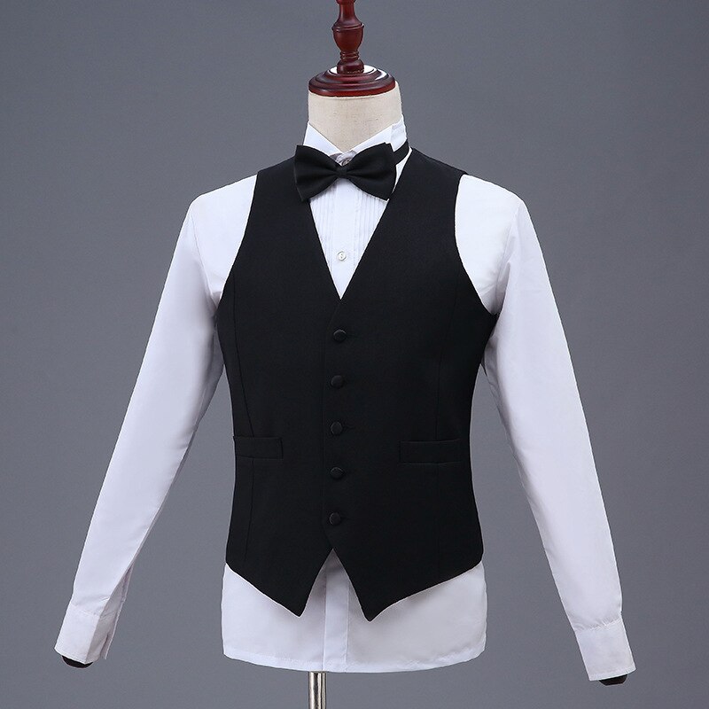 Gilet blanc décontracté pour homme, Gilet de travail, coupe cintrée, col en U, rétro, solide, de mariage: Black / L