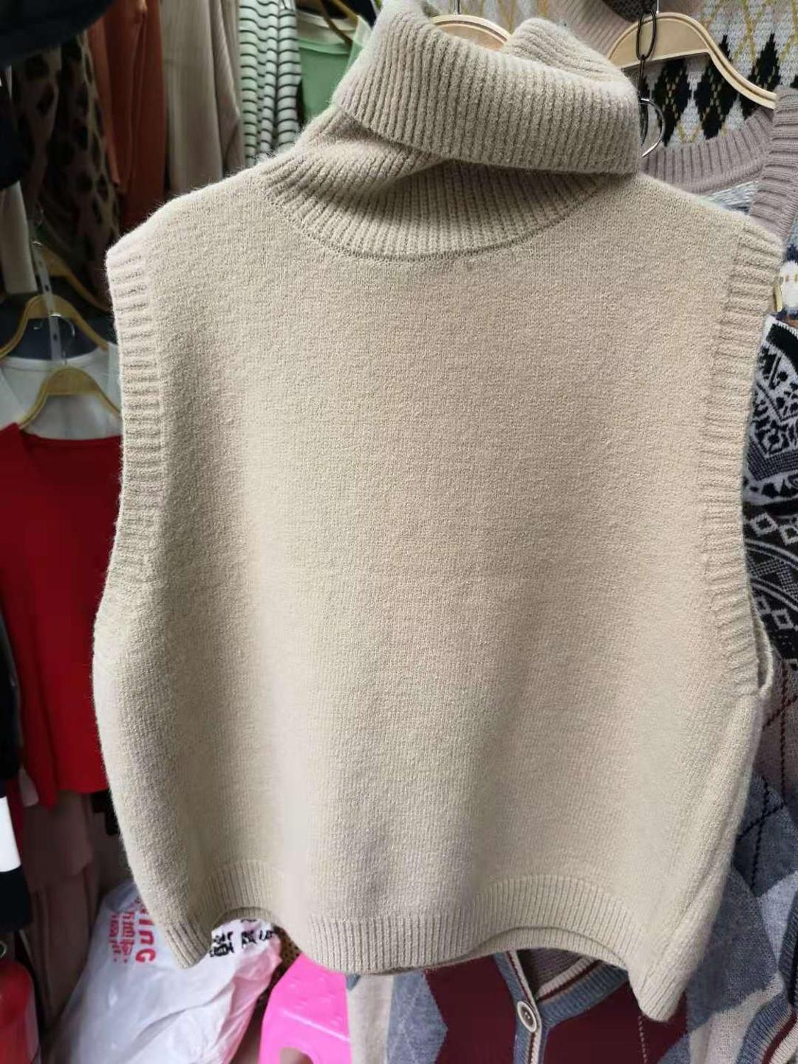 Mjuk ulltröja väst kvinnor vinter koreansk stil vintage turtleneck ärmlös tröja lös väst stickad linne  t561: Kaki