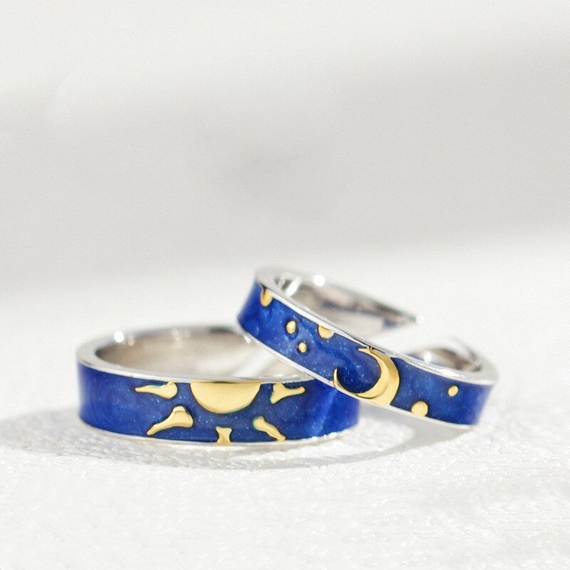 Bagues de Couple pour femmes et hommes, ensemble de 2 pièces, soleil et lune, anneaux de mariage, doigt d'amoureux, couleur argent, bijoux assortis, de saint-valentin: Sun Moon Open 7