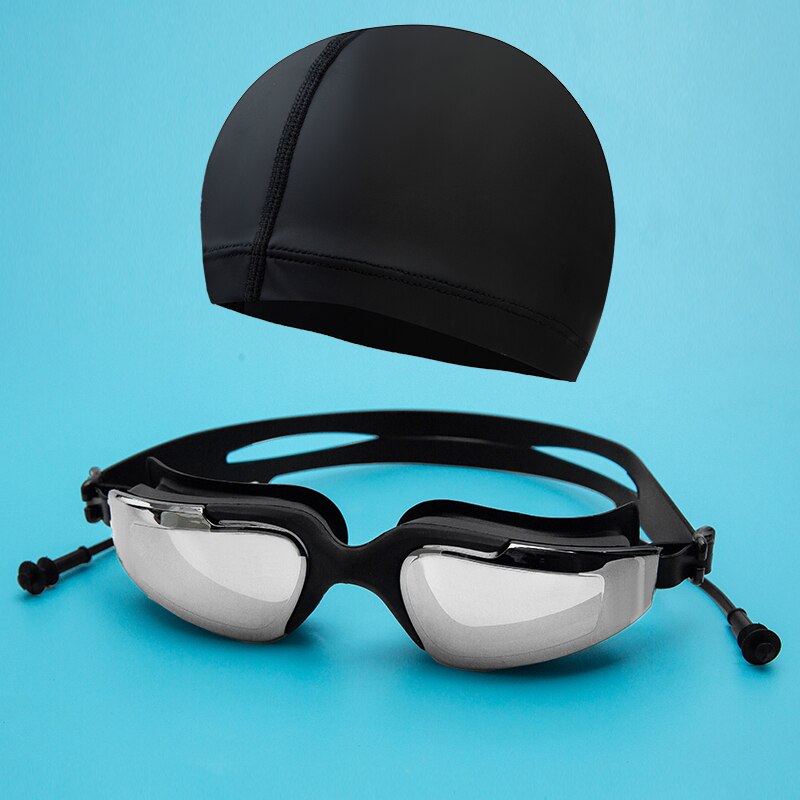 Galvaniseren Uv Anti-Fog Badpak Bril Zwemmen Duiken Verstelbare Zwembril Dames Mannen Zwemmen Goggle Ear Plug: Black-Set