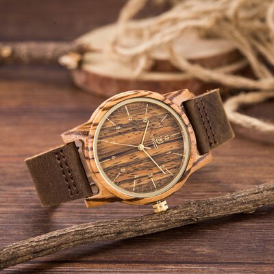 Herenhorloges topmerk luxe dameshorloge houten polshorloges leren of houten band relogio masculino: Zebra met leer