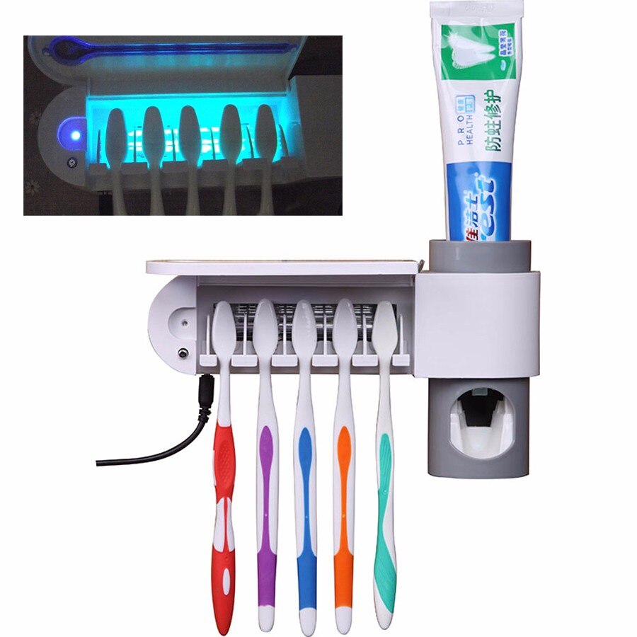 Tandpasta Dispenser Wandmontage Tandenborstel Sanitizer Automatische Tandpasta Houder met 5 Tandenborstel Sterilisator Houder