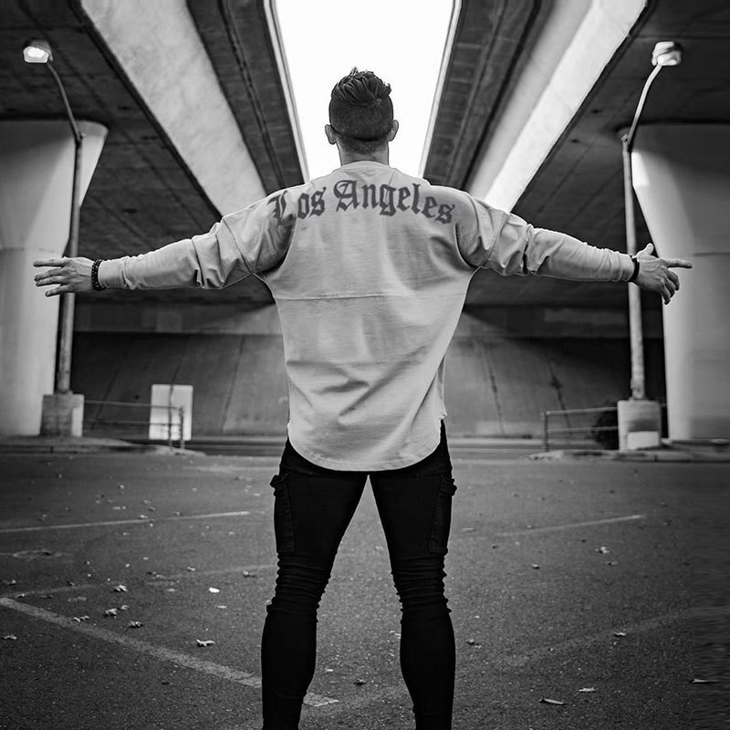 Fitness t-shirt herre løst sportstøj langærmet træningsdragt plus størrelse afslappet rundhalset sweater viser muskler træningsskjorter
