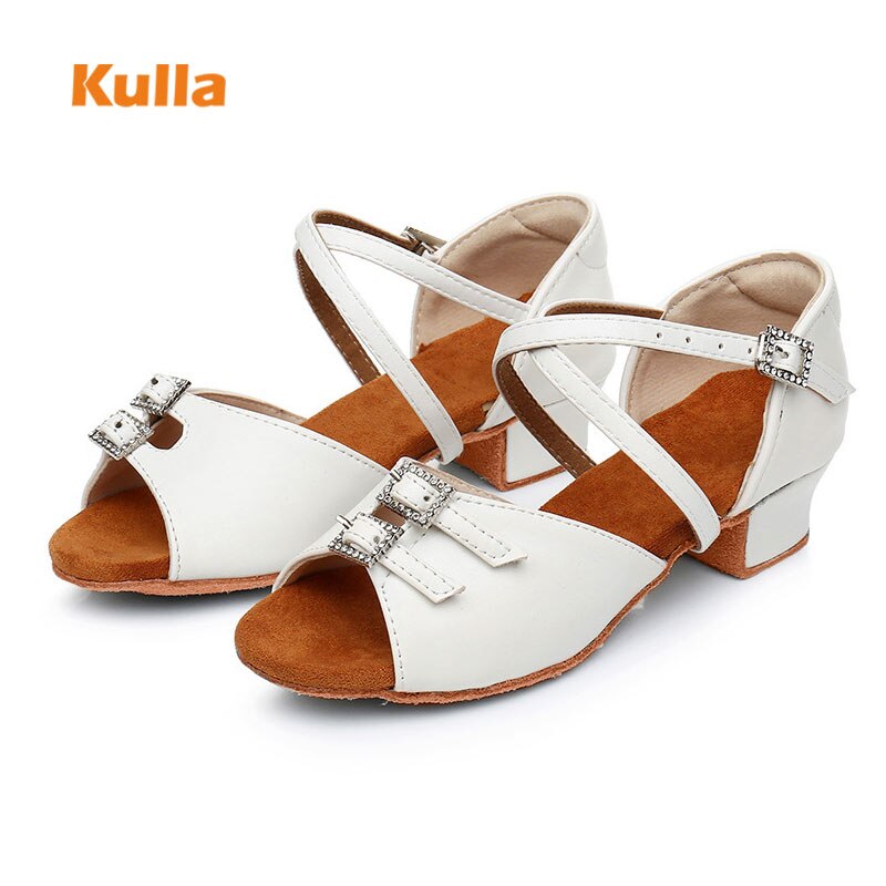 Girls Latin Dance Shoes Children Salsa Tango Dancing Low Heel White PU Rhinestone Soft Sole Party Training Kids Ballroom Shoes