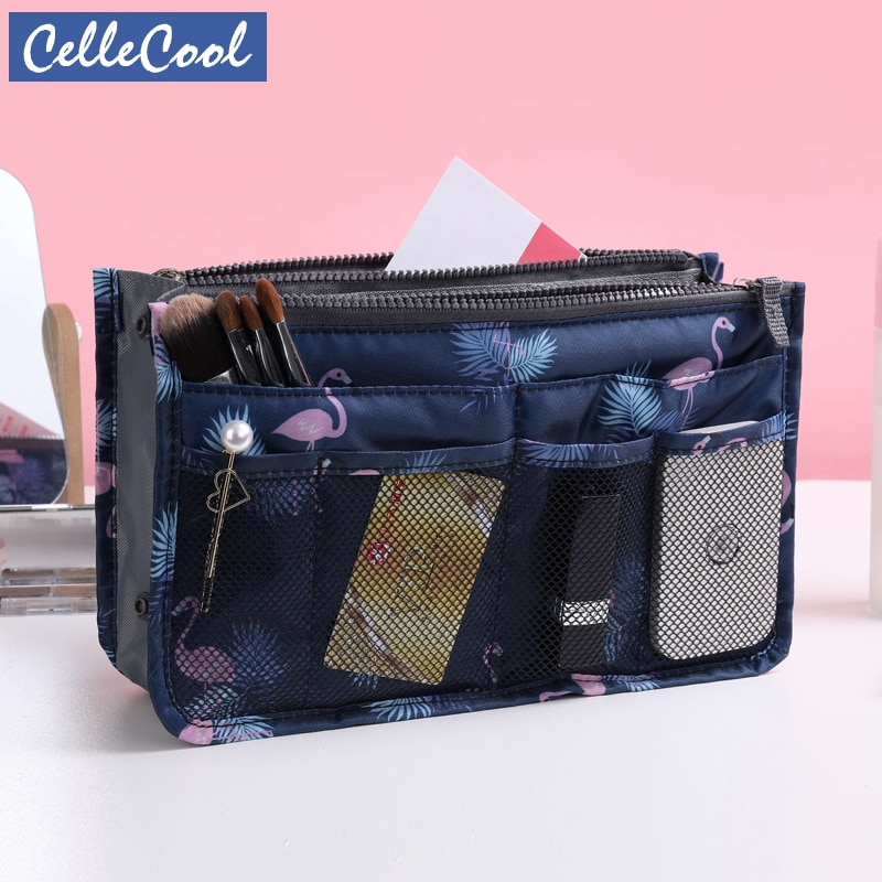 Estuche para maquillaje de viaje para mujer, bolsa organizadora de inserción, bolso de nilón forro grande, bolso de cosméticos para mujer
