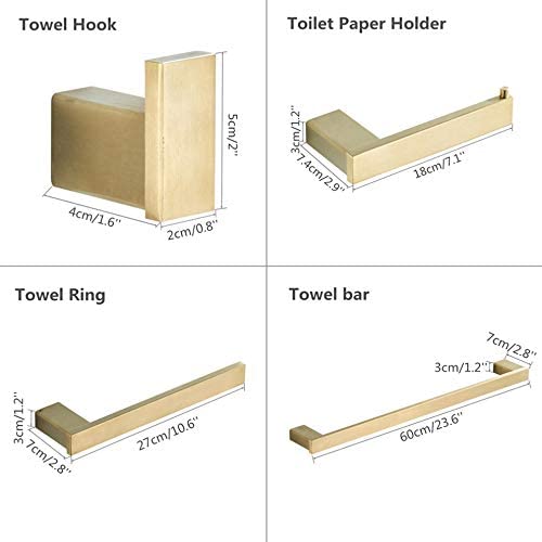 Juego de accesorios de baño con acabado dorado cepillado, gancho para toalla, soporte para papel higiénico, anillo para toalla, barra de acero inoxidable montada en la pared