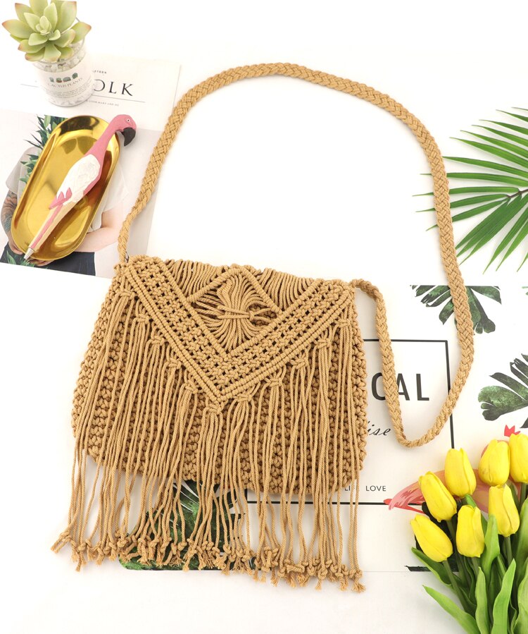 Sac de paille à pompon creux, sac de plage à rabat tissé à la main, sac à bandoulière en corde de coton: KHAKI