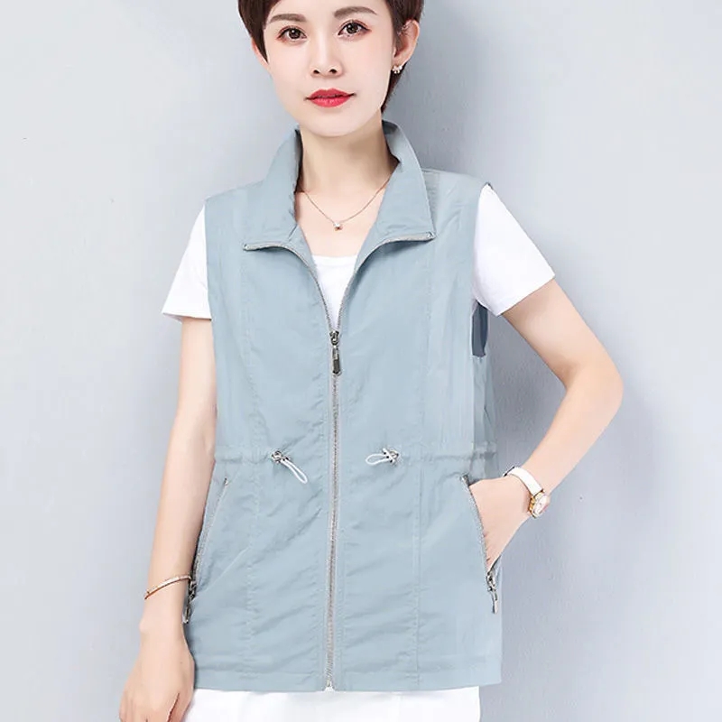 4xl Doppels chicht Damen weste Sommer westen Stehkragen dünne Sonnenschutz weste mittleren verändert weibliche ärmellose Jacke: XL / Blau