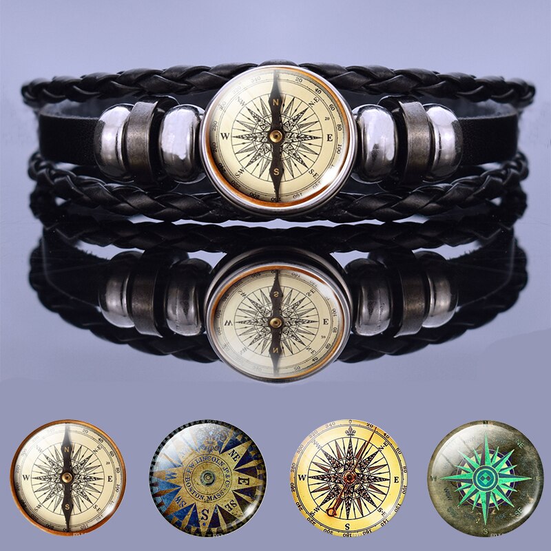 Retro Kompas Patroon Zwarte Armband Glas Cabochon Sieraden Stoom Punk Kompas Armbanden Voor Mannen Handgemaakte Accessoires