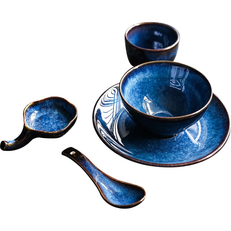 KINGLANG Tiefe Blau Keramik Geschirr 1 Person Porzellan Geschirr Abendessen einstellen Platte Schüssel Tasse Soße Gericht