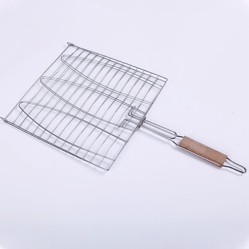 BBQ Fisch Grill Netto Grill Grillen Fisch Gestell Nicht-Stock verdreifachen Fisch Grillen Korb Holz Griff Grill Werkzeug