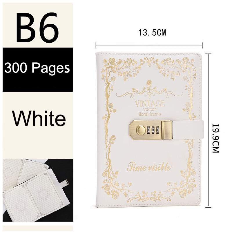 Password Lock Notebook A5 360 Pages Diary Notebook B6 300 Page Students Secretly Keep Notebook Diary Hand Ledger: B6 White
