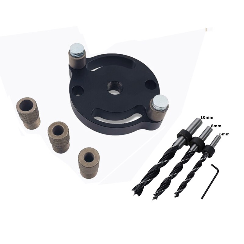 6/8/10mm loddrett lommehull jigg tre dowelling selv sentrerende bor guide kit hull puncher locator jig for trebearbeiding verktøy: Svart med borekrone