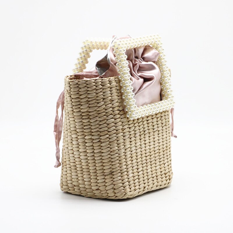 Kvinder perle halm håndtaske vævet tote sommer strand rejse snøre spand boheme perle håndtag tasker  ss3643