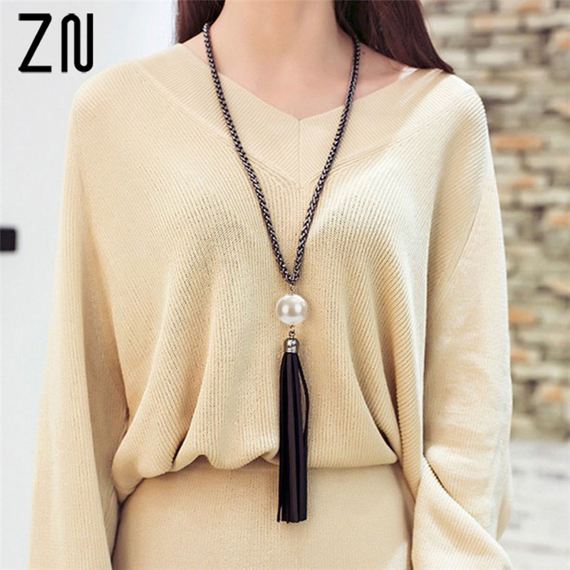 ZN Tassel Pendant Sweater Chain Long Beads Necklace For Women Girls Jewelry