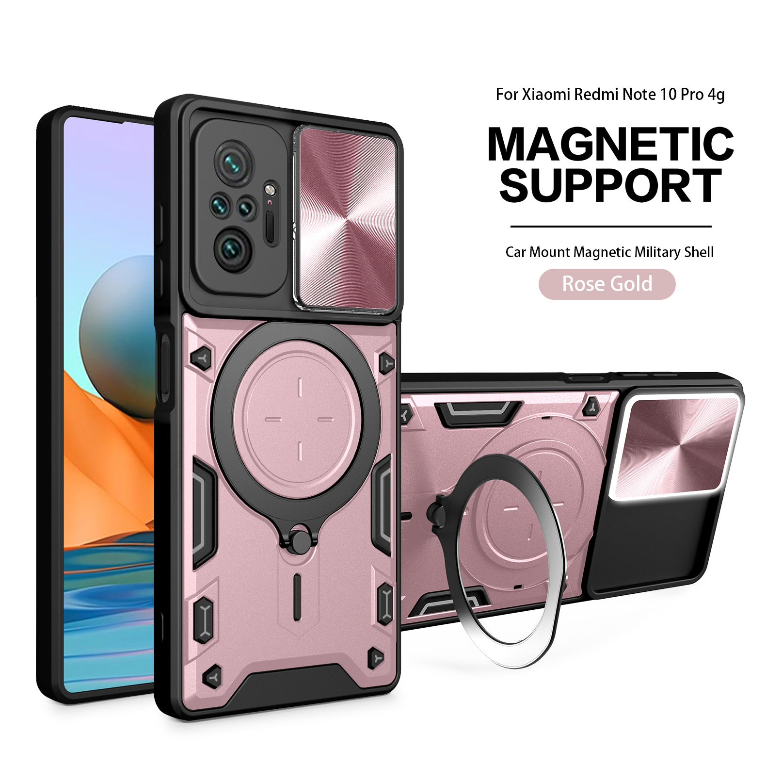 Magsafe Magnetic Camera protection case For Redmi Note 10 Pro 10s Armor Hybrid Metal Ring Back Cover For Redmi 10A 11A 9T 9C NFC: Nylon / Purple Pink