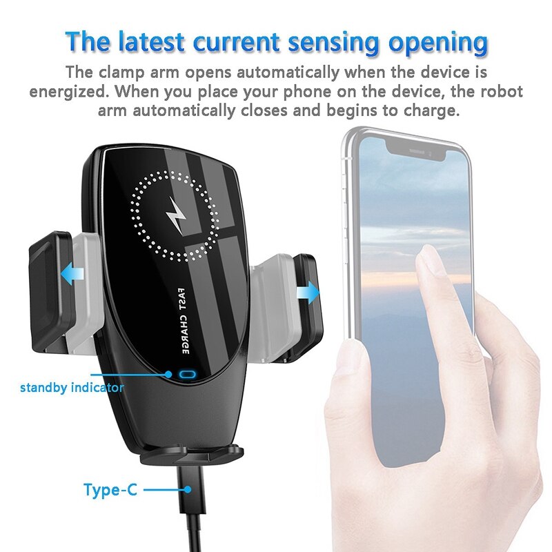 Qi Car Wireless Charger 15W Induction Car Mount Fast Wireless Charging with Car Phone Holder