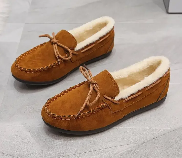 Vinterskor dam casual platta skor dammockasiner mjuka loafers komfort varma plysch rosett slip on dambomullsskor: Brun / 36