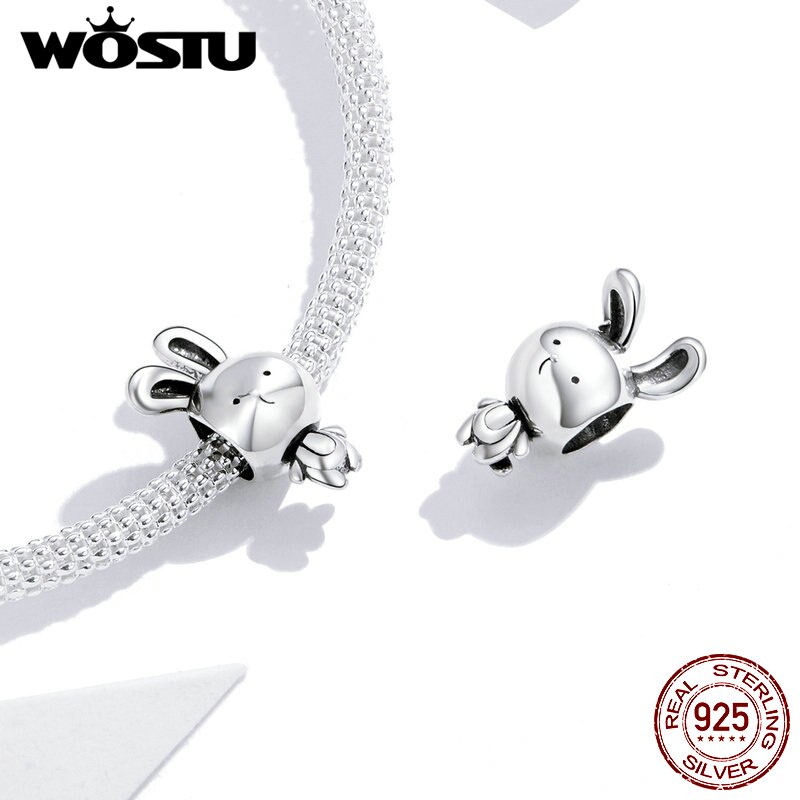 WOSTU Originale 925 Sterling Silver branelli di Fascino del coniglio di AMORE Del Fiore Del Pendente Del Panda Pendenti E Ciondoli Misura I Braccialetti Donne Gioielli FAI DA TE