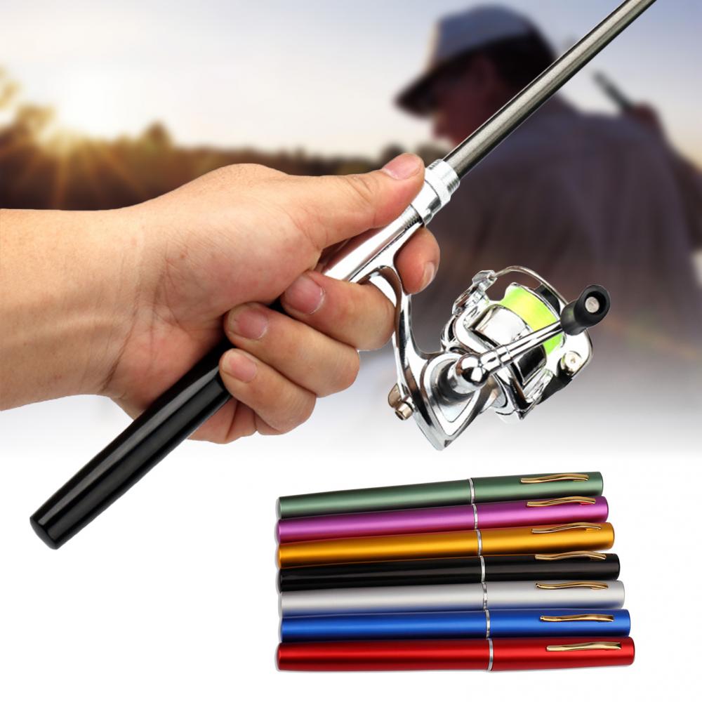 Mini canne à pêche télescopique en métal, 1.6m, en forme de stylo, avec moulinet à tambour fixe