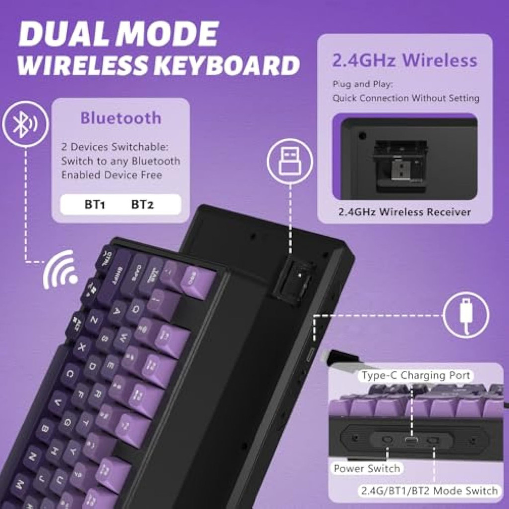 Clavier de jeu sans fil Free Wolf M87 75% – Commutateurs silencieux, rétroéclairage arc-en-ciel, BT/2.4G, capuchons de touches dégradés PBT, compacte