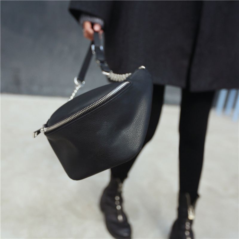 Modna skórzana saszetka na pas torba na klatkę piersiowa torebka na telefon z metalowym łańcuszkiem dla kobiet 28GD