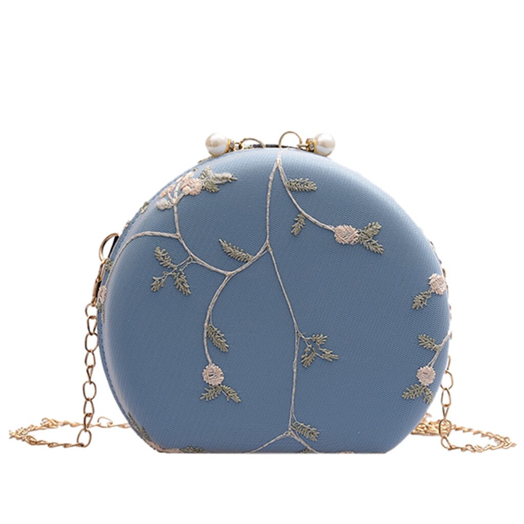 Embroidery Flowers Women Round Clutch Evening Bags Gold Chain Shoulder Bags Girls Handbags Purses Party Bag #YL5: Blue