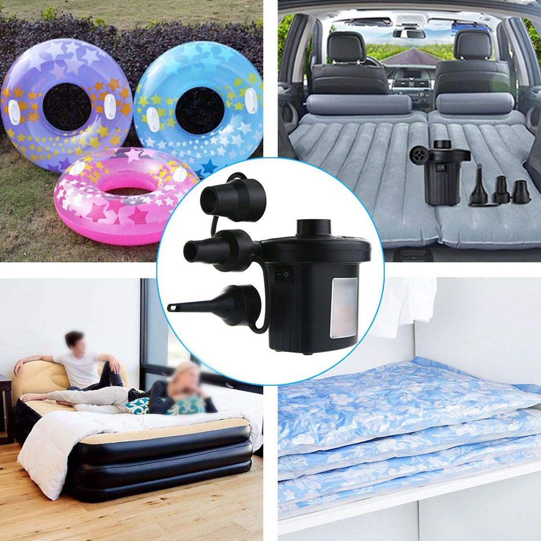 12V Air Mattress Camping Pump Car Electric Inflatable Pump Portable Car Air Compressor Pump Inflatable Boat Pump with 3 Nozzles