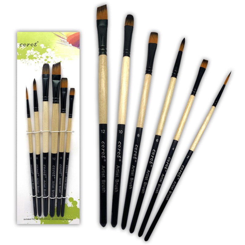 COROT-Juego de pinceles de nailon para pintar, Set de pinceles para pintar con pelo de nailon, diferentes cabezales, varilla corta, pincel acrílico al óleo, suministros de arte para acuarela, 6 uds.: 1010-6A
