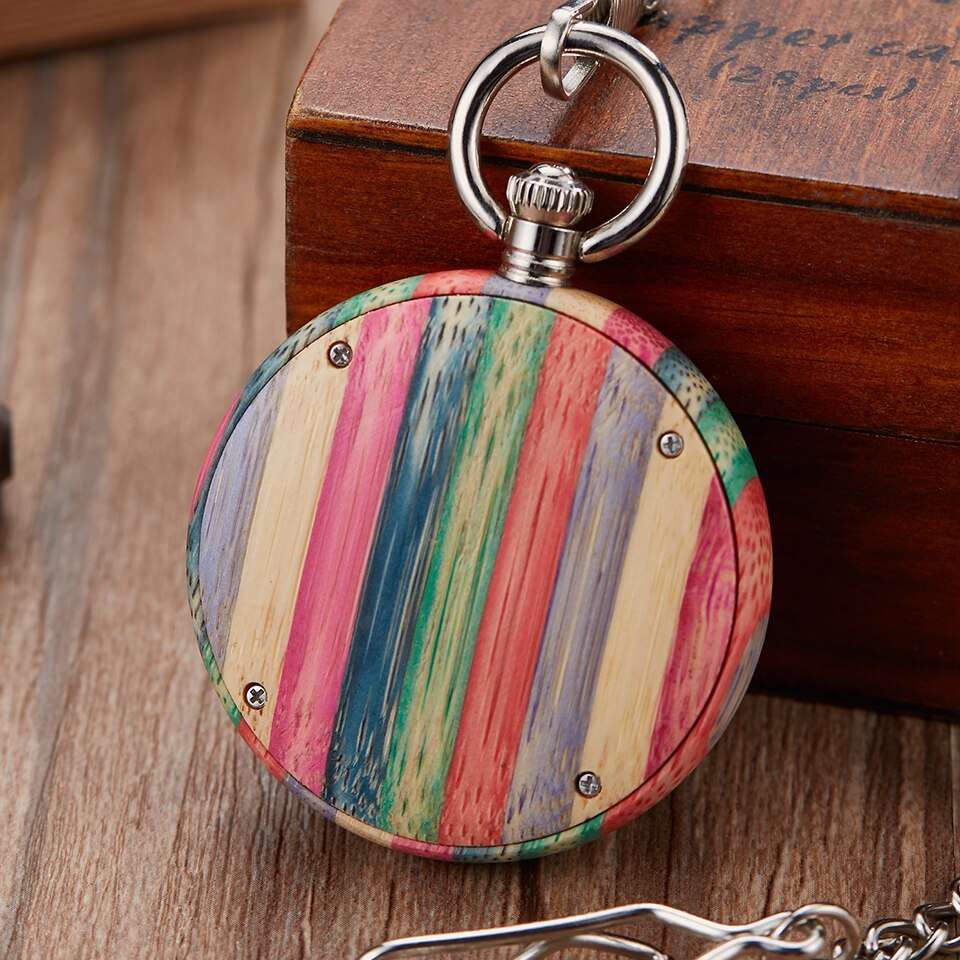 Natuurlijke Hout Zakhorloge Mannen Vrouwen Creatieve Houten Quartz Horloges Fob Ketting Hangers Kleurrijke Klok Reloj De Bolsillo