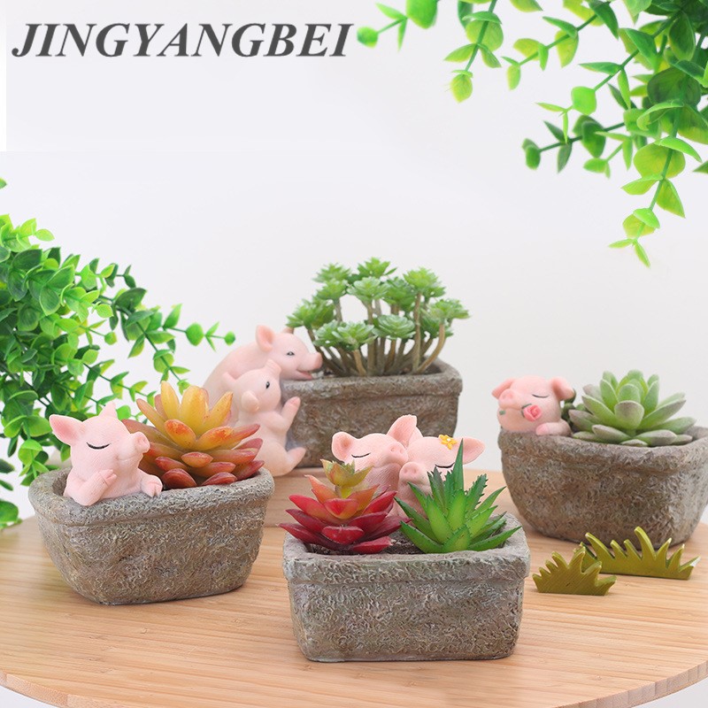 ROZE VARKEN BLOEMPOT Cartoon Dier Planten Hars vaas Succulente Planter Pot Mini Bonsai Cactus Thuis Bruiloft Decoratie Craft