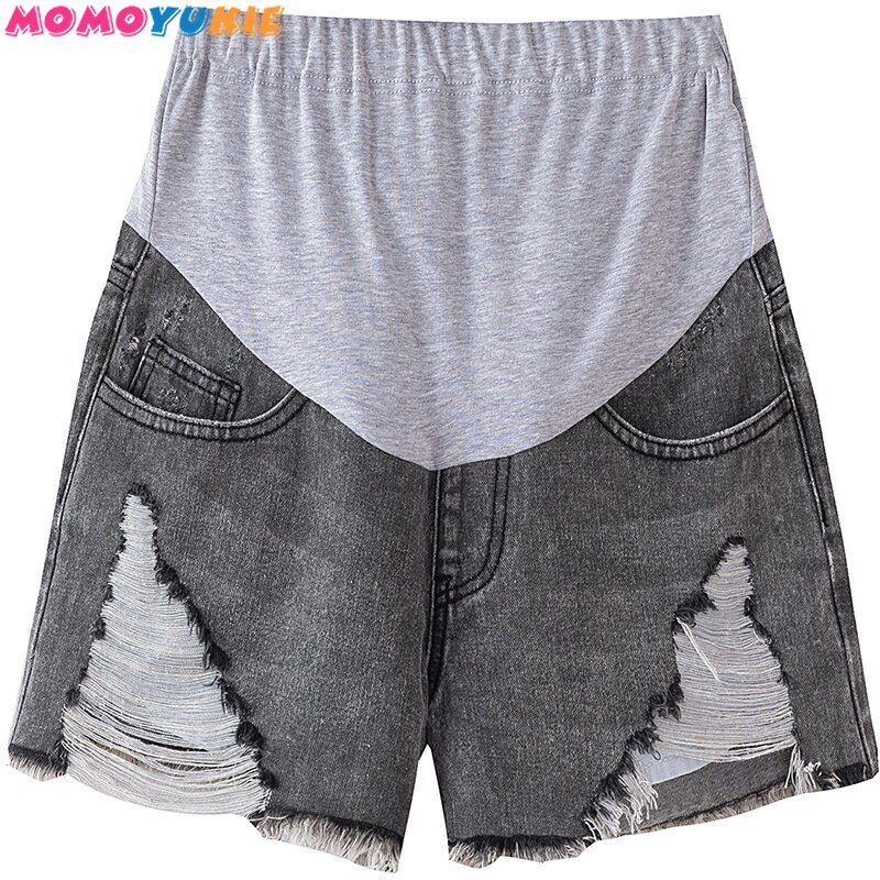 Gravidshorts med slitsade hål i sommar för gravida kvinnor fickor jeans resår midja vård mage korta byxor