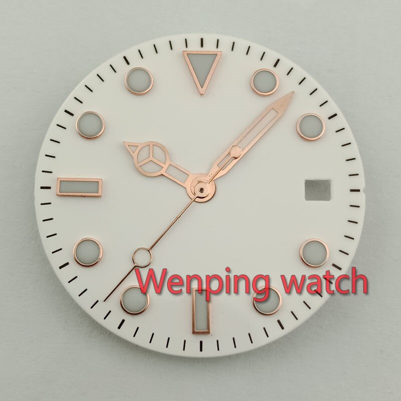 28.5MM white Sterile Watch face + watch hands golden rose Gmt hand Fit mingzhu dg3804 movement P510(16): dial with 3hands