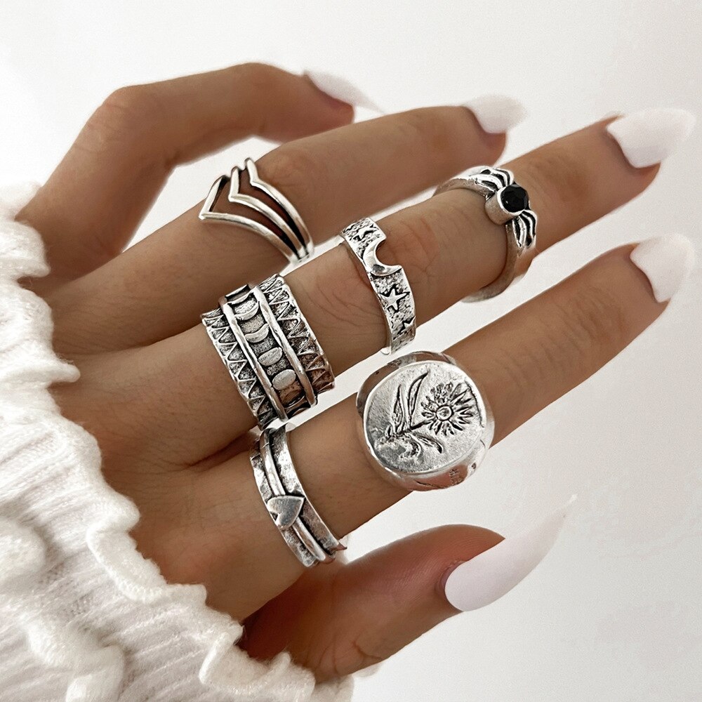 HI MAN 14 Pcs/Set Neo-Gothic Mixed Yin Yang Figure Feather Elephant Star Moon Sun Ring Women Personality Vintage Jewelry: HJJ1365