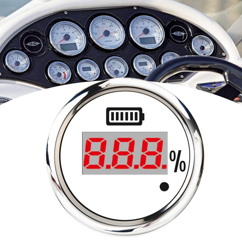 52mm Digital Battery Capacity Gauge Universal Waterproof Battery Digital Indicator Red Backlight with Alarm: white