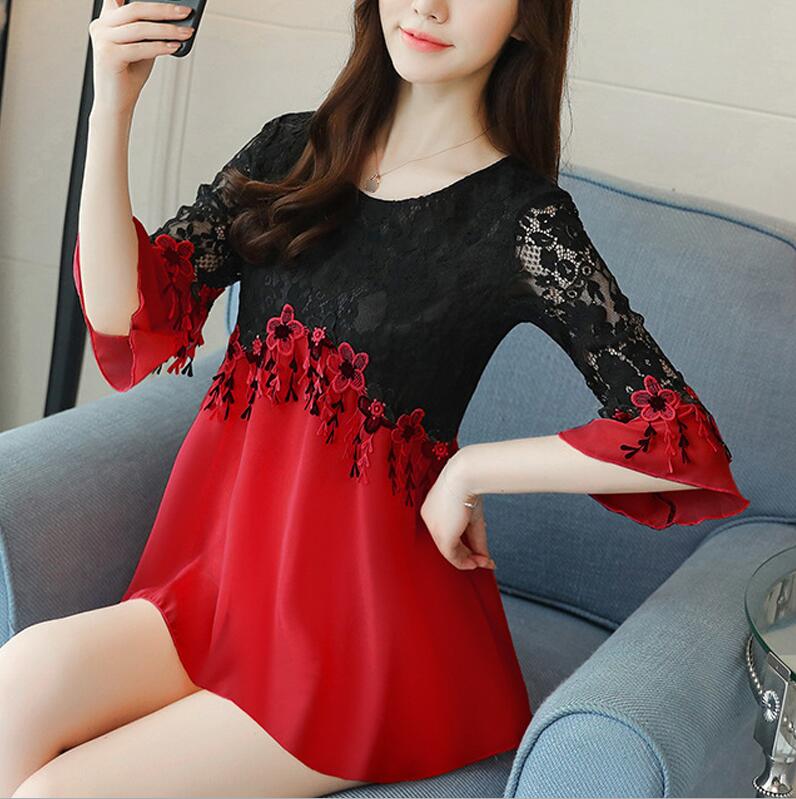 Plus size 3xl 4xl 5xl chiffon dames blouse shirt dames blouses uitgehold kant shirt vrouwen vrouwelijk: Rood / Xl