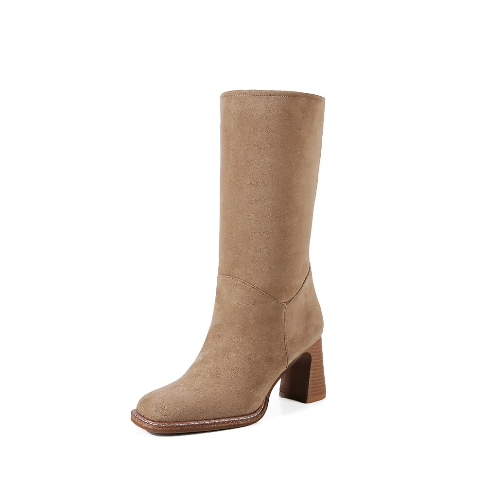 Suède dames halfhoge laarzen dames winter gothic retro stijl rijlaarzen western cowgirl laarzen dames botas mujer: Abrikoos / 6.5