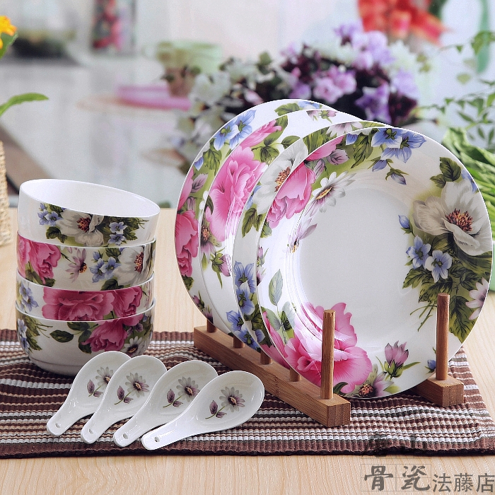 12-piece set, bloemen bloesem ontworpen, bone china schotel set, geraffineerde keramische wit servies, porseleinen serviesje