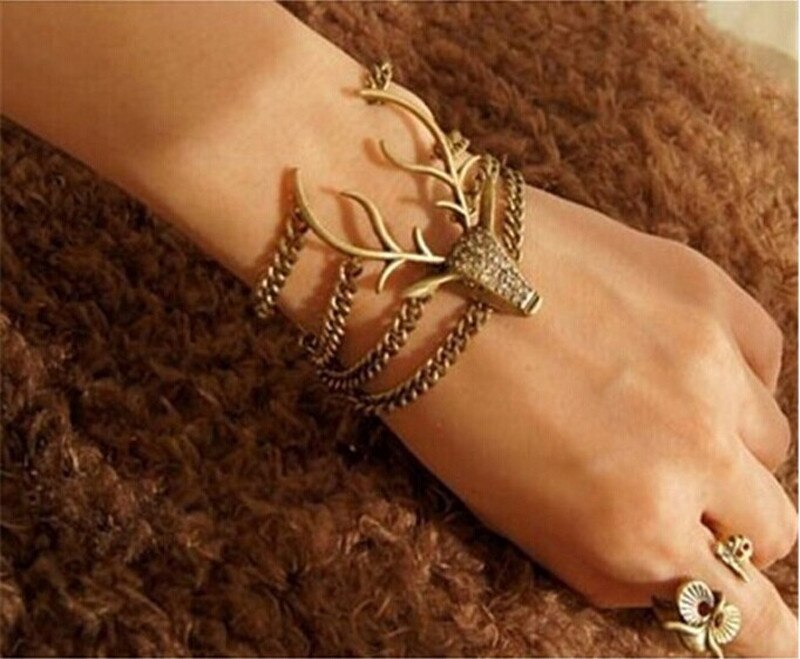 Pulsera de cabeza de ciervo estilo Retro Vintage, pulsera para Mujer, joyería, para Mujer, Pulseras #4j04