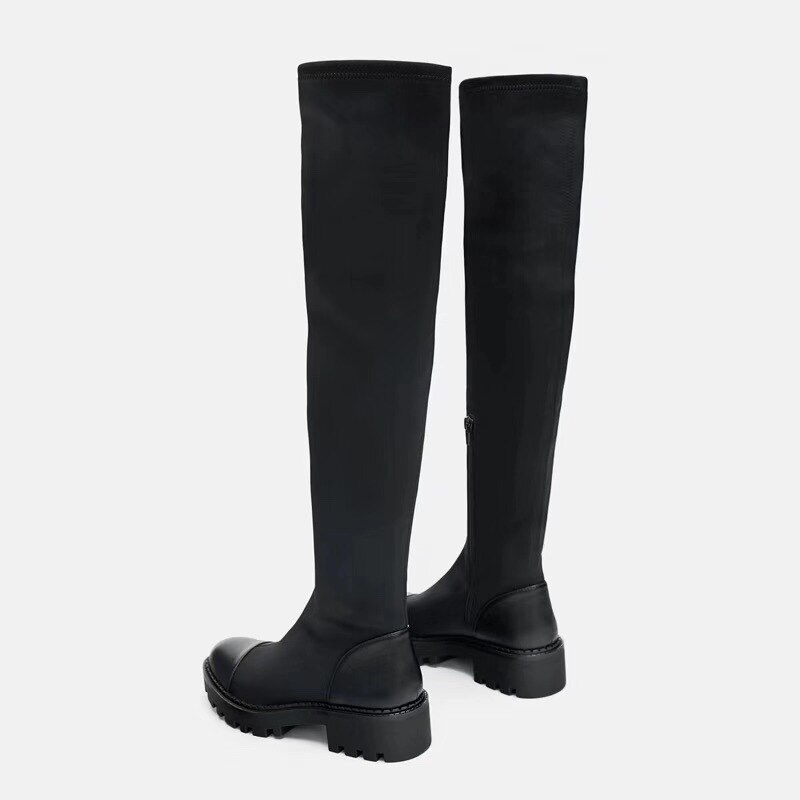 Botas de suela negra, suela plana, botas por encima de la rodilla elásticas, espesor de cabeza, parte inferior, lateral alto