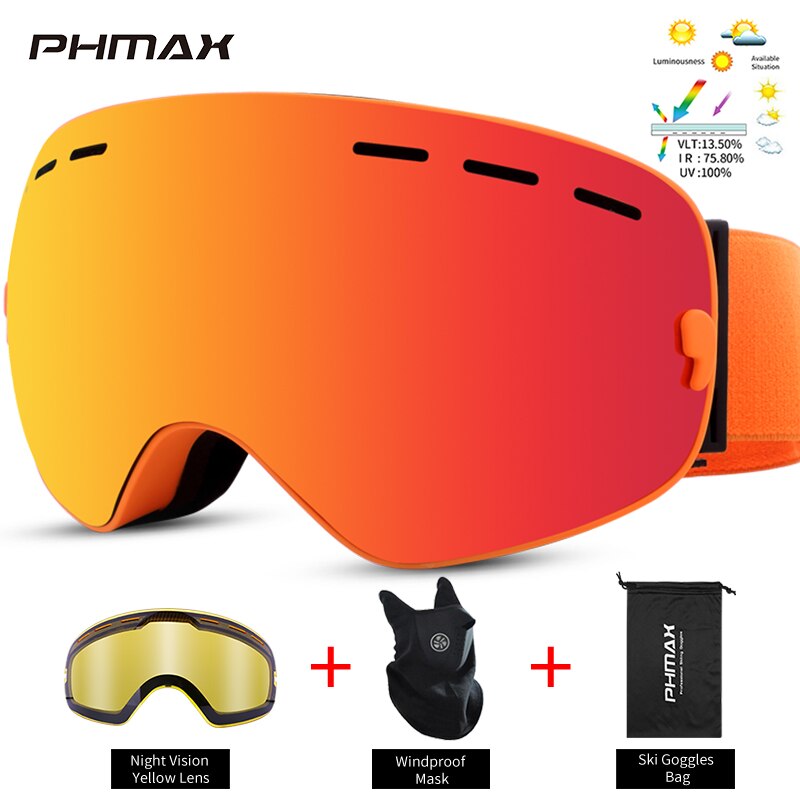 Phmax-óculos de esqui, unissex, máscara de neve, óculos de inverno, ski, com lentes amarelas, anti-neblina, snowboard: XJ-0107-SJ