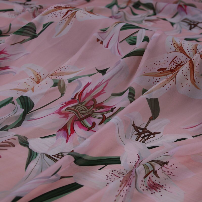 Rosa blume druck seide Chiffon stoff, weiche Chiffon dünnen stoff für kleid, lange Strand kleid Chiffon kleidung tissu au Meter