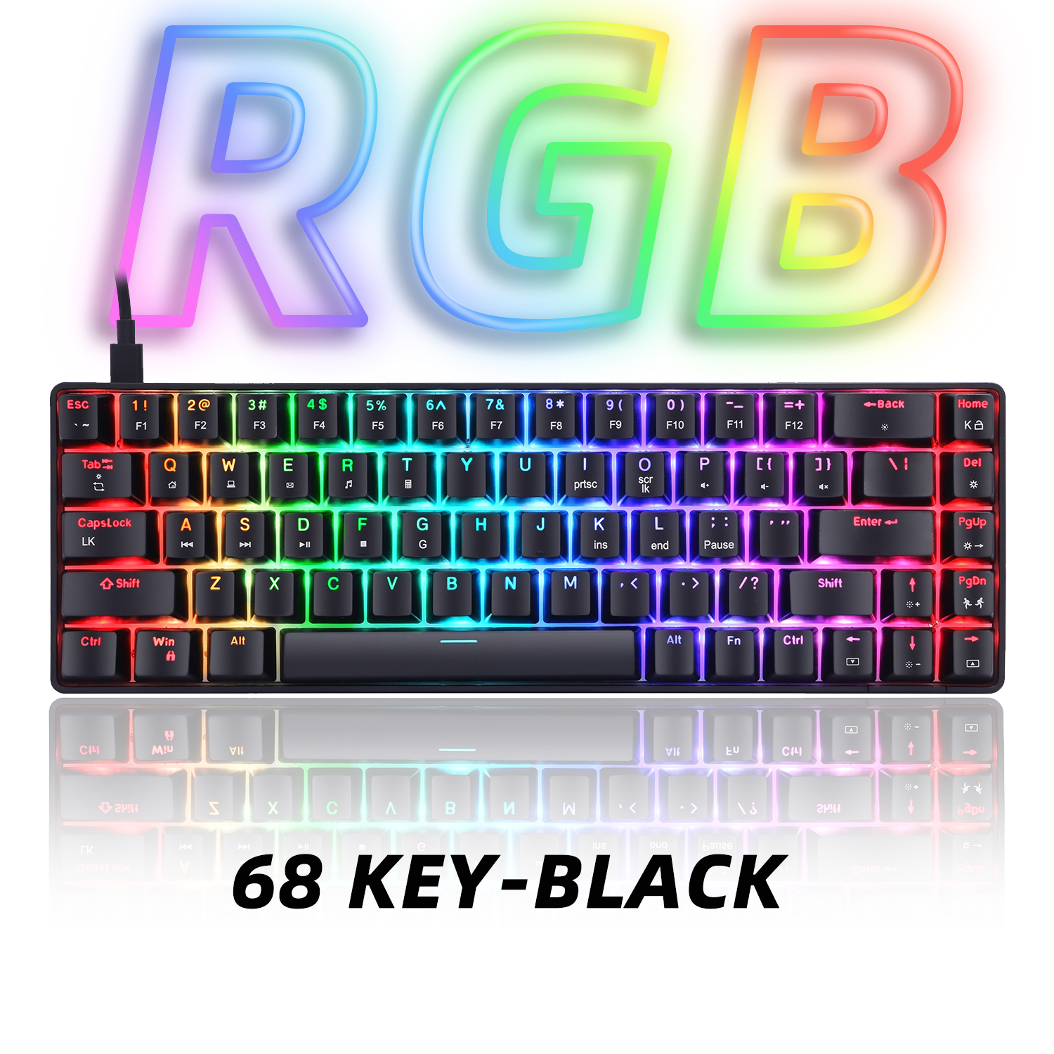 Teclado mecánico para videojuegos RGB, teclado pequeño con cable de 68 teclas, retroiluminación LED, interruptor rojo y azul para Gamer, ordenador portátil y PC: T8 Black / Brown interruptor